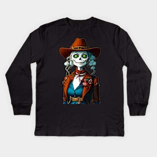 cowgirl, skeleton, western, cowboy, skull, halloween, vintage, country, country music, rodeo, yeehaw, howdy, bull skull, funny, texas, cowboy hat, retro, cowboy boots, cute, skull art Kids Long Sleeve T-Shirt